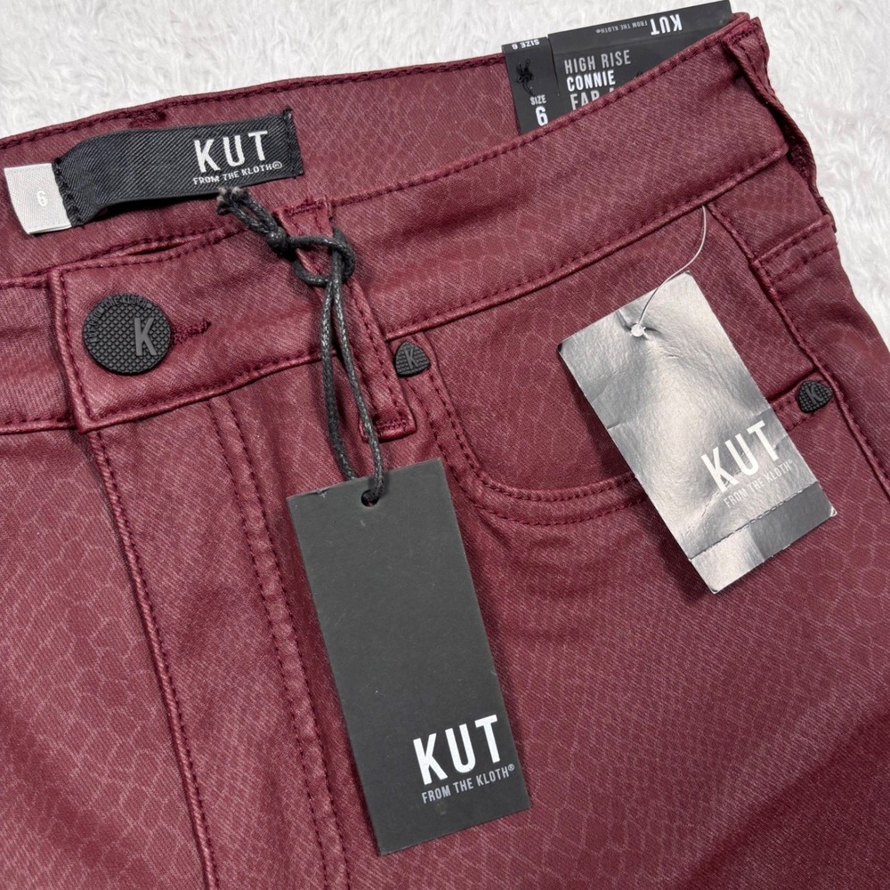 Kut from the Kloth Connie Fab Ab Ankle Skinny Women 6 Burgundy Snakeskin RAW HEM